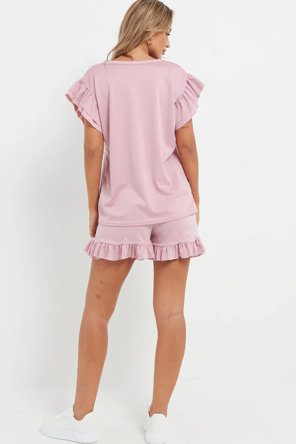 V-Neck Frill Peplum Sleeve Top & Short 2 Piece Set