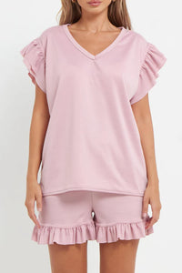 V-Neck Frill Peplum Sleeve Top & Short 2 Piece Set