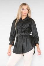 Load image into Gallery viewer, PU Faux Leather Belted Wet Look Shirt Dress
