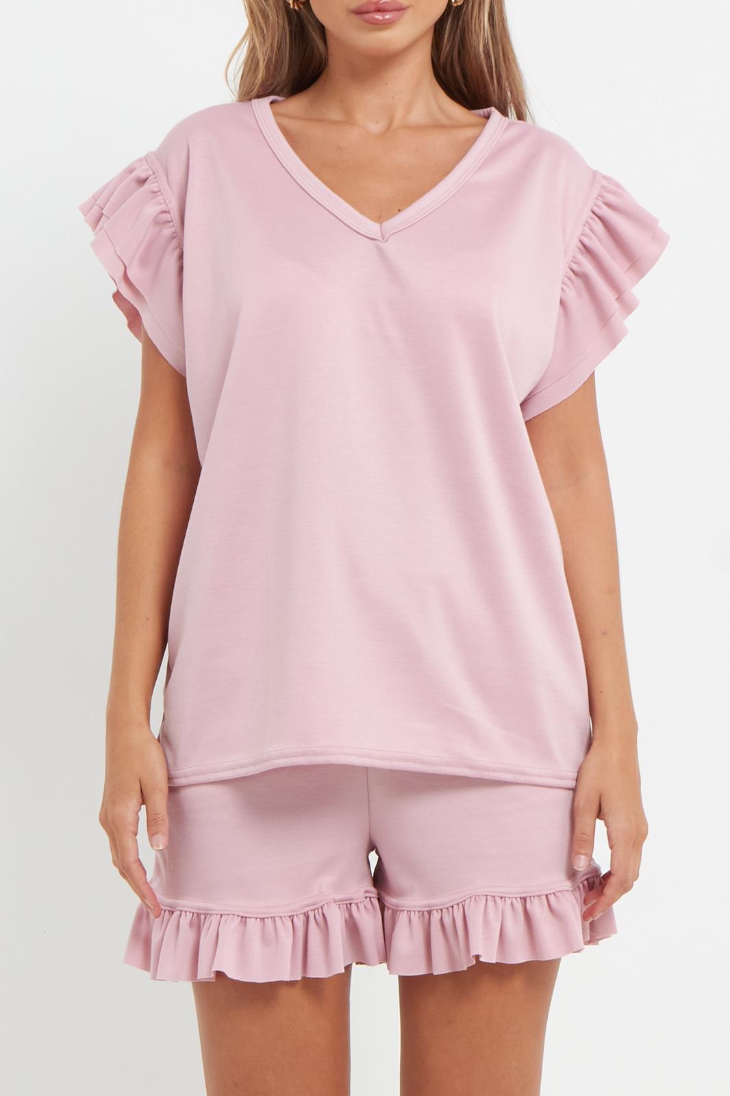 V-Neck Frill Peplum Sleeve Top & Short 2 Piece Set