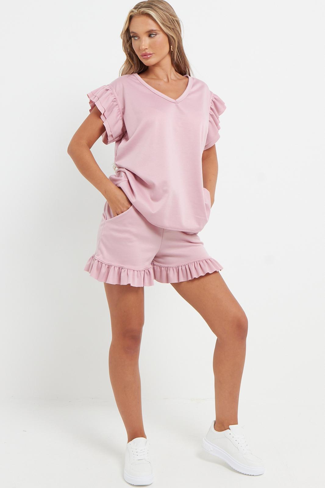 V-Neck Frill Peplum Sleeve Top & Short 2 Piece Set