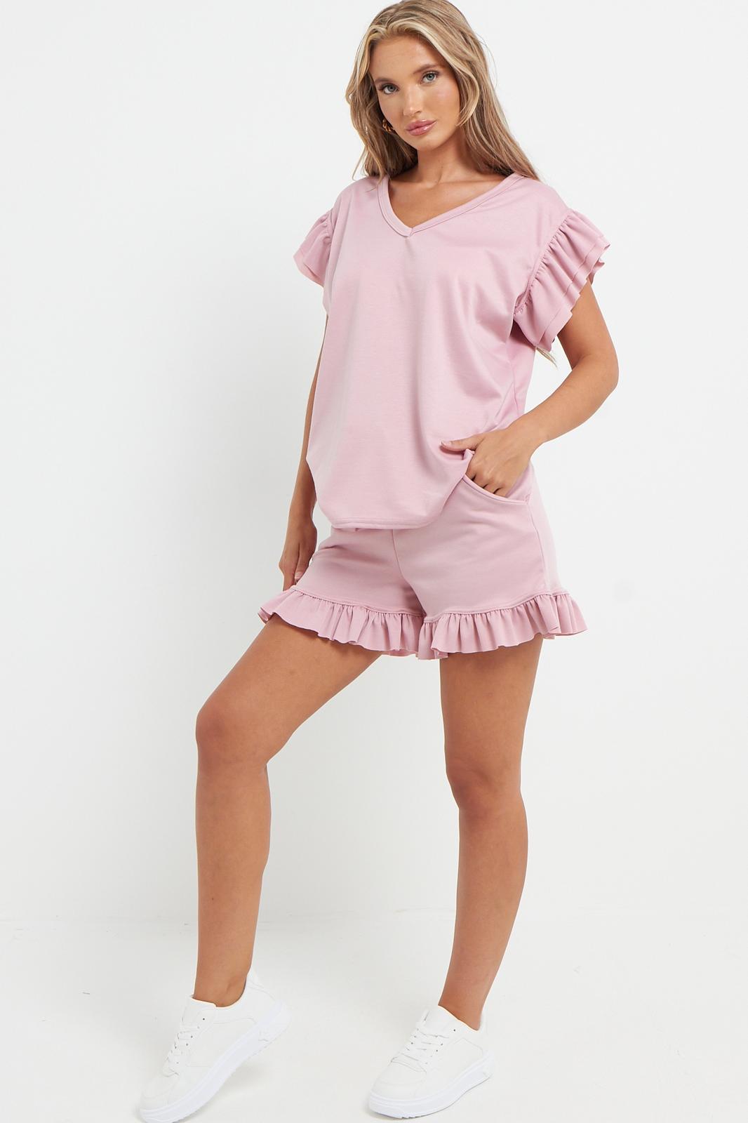 V-Neck Frill Peplum Sleeve Top & Short 2 Piece Set