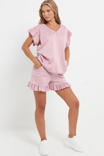 Load image into Gallery viewer, V-Neck Frill Peplum Sleeve Top &amp; Short 2 Piece Set

