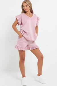 V-Neck Frill Peplum Sleeve Top & Short 2 Piece Set