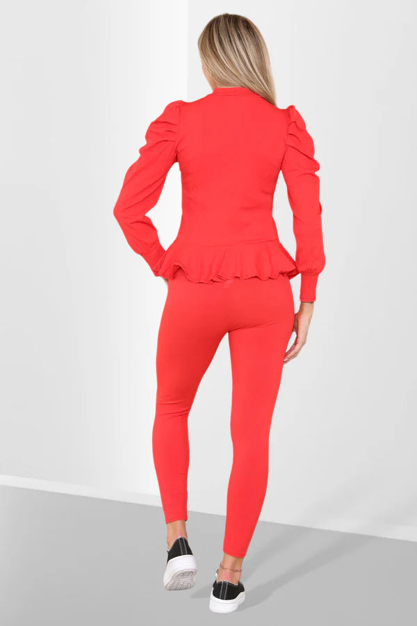 Frill Hem Peplum Ribbed Lounge Wear Set