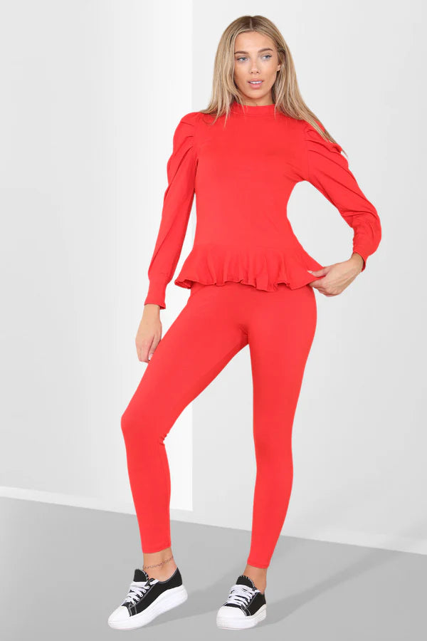 Frill Hem Peplum Ribbed Lounge Wear Set