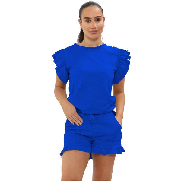 Frill Peplum Sleeve Top & Short 2 Piece Set
