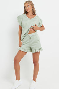 V-Neck Frill Peplum Sleeve Top & Short 2 Piece Set