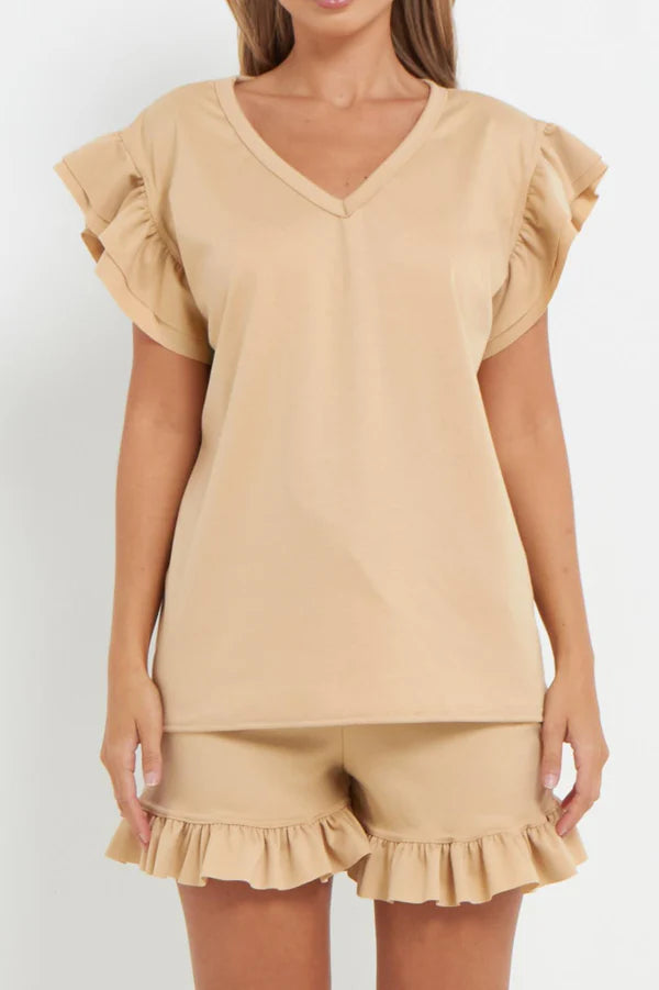 V-Neck Frill Peplum Sleeve Top & Short 2 Piece Set