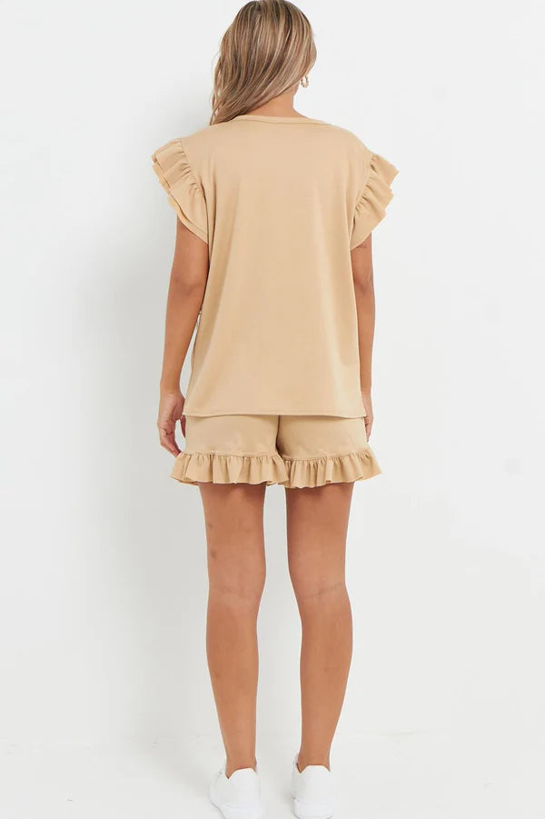 V-Neck Frill Peplum Sleeve Top & Short 2 Piece Set