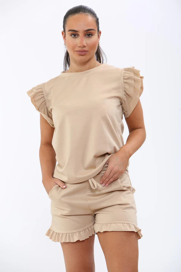 Frill Peplum Sleeve Top & Short 2 Piece Set