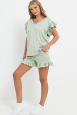 Load image into Gallery viewer, V-Neck Frill Peplum Sleeve Top &amp; Short 2 Piece Set
