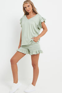 V-Neck Frill Peplum Sleeve Top & Short 2 Piece Set