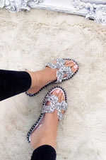 Load image into Gallery viewer, Silver Embellished Sparkly Flat Slider Sandals
