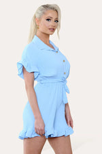 Load image into Gallery viewer, Pleated Ruffle Shirt Short Playsuit With Frill Hems
