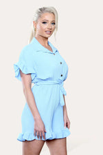 Load image into Gallery viewer, Pleated Ruffle Shirt Short Playsuit With Frill Hems
