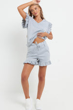 Load image into Gallery viewer, V-Neck Frill Peplum Sleeve Top &amp; Short 2 Piece Set
