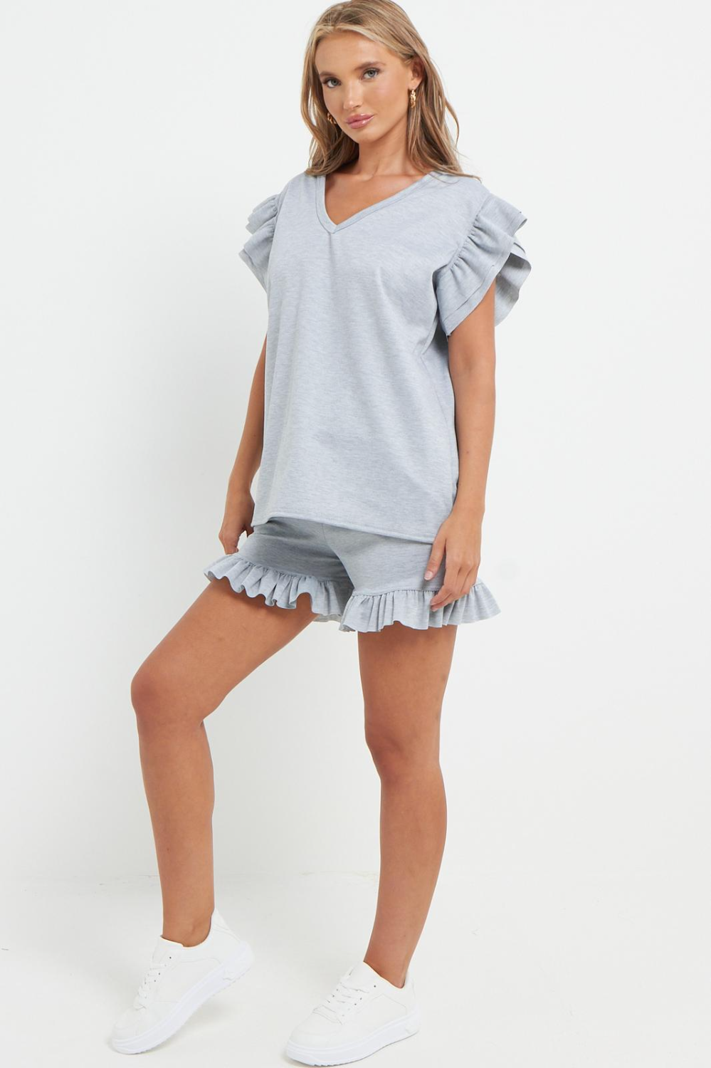 V-Neck Frill Peplum Sleeve Top & Short 2 Piece Set