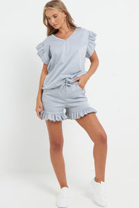 V-Neck Frill Peplum Sleeve Top & Short 2 Piece Set
