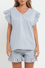 Load image into Gallery viewer, V-Neck Frill Peplum Sleeve Top &amp; Short 2 Piece Set
