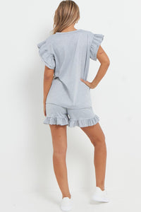 V-Neck Frill Peplum Sleeve Top & Short 2 Piece Set