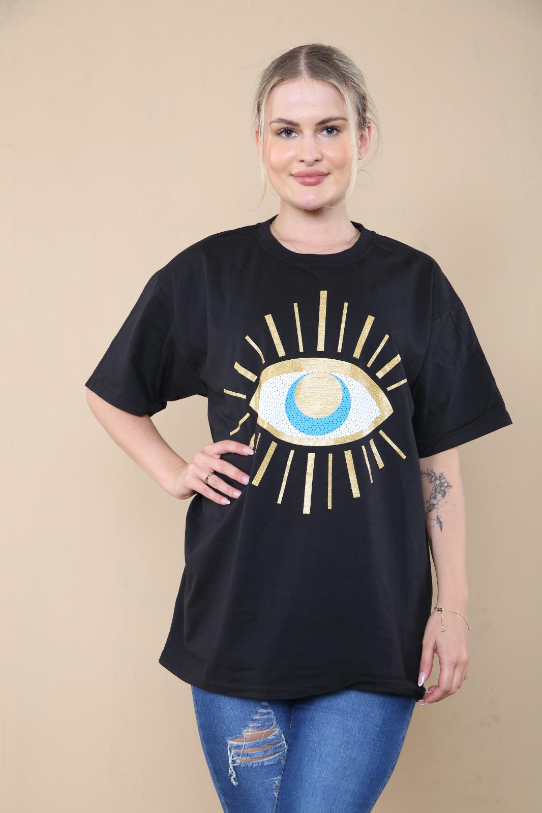 Oversized Sequin Eye Printed Short Sleeves T-Shirt