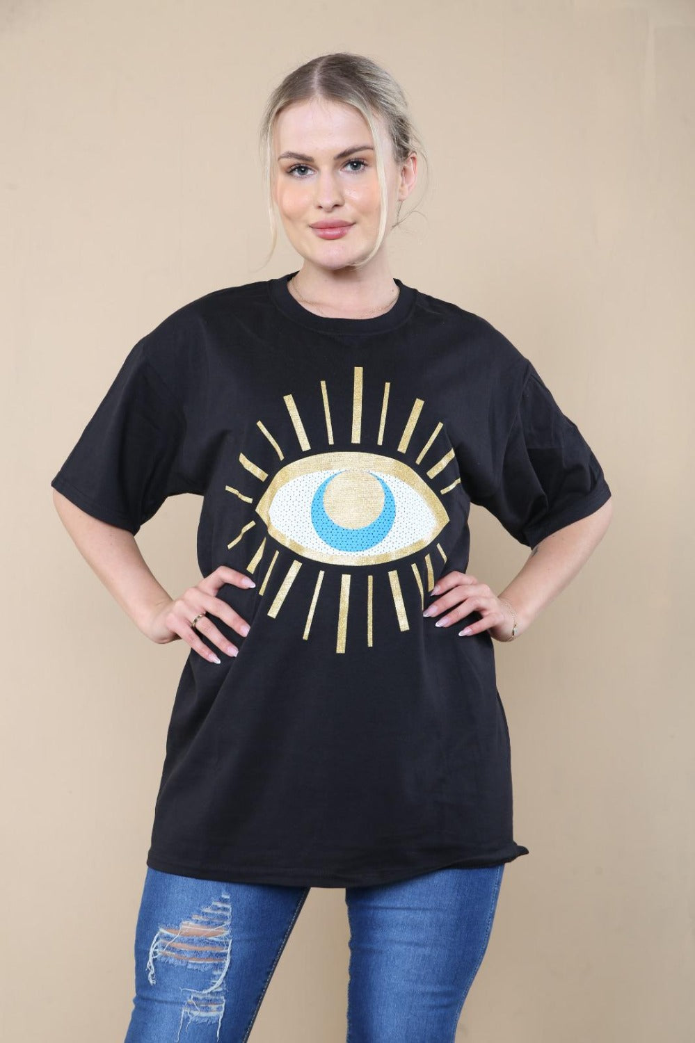 Oversized Sequin Eye Printed Short Sleeves T-Shirt