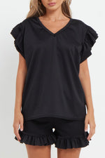 Load image into Gallery viewer, V-Neck Frill Peplum Sleeve Top &amp; Short 2 Piece Set
