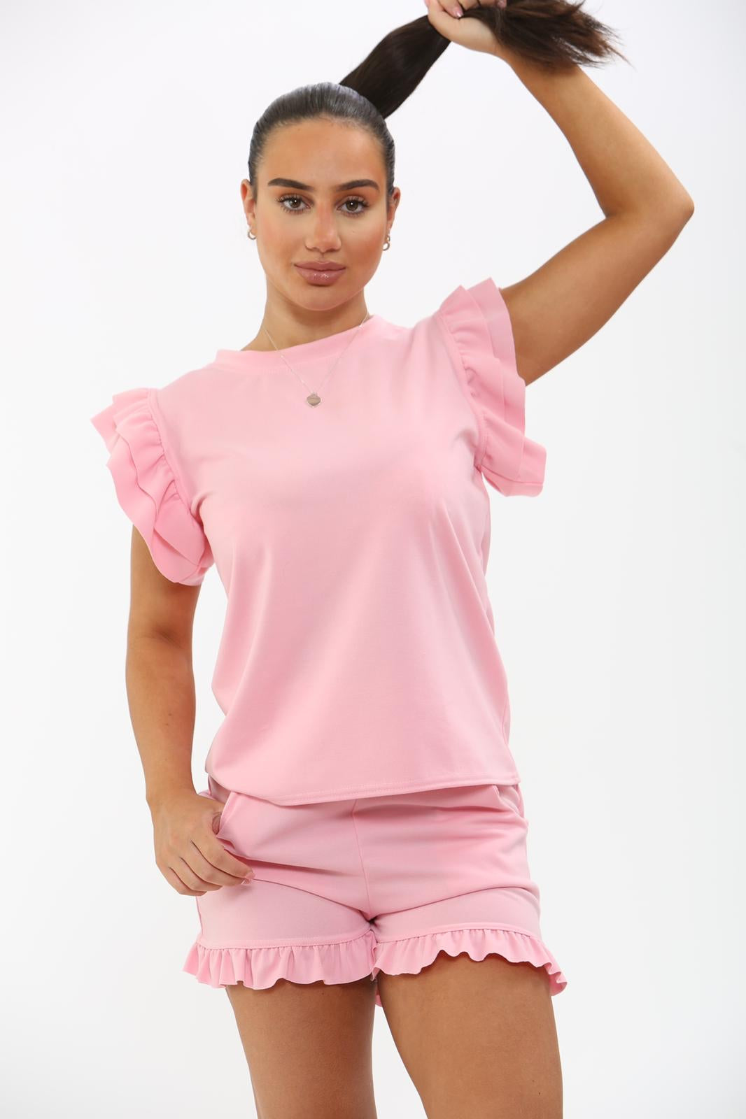 Frill Peplum Sleeve Top & Short 2 Piece Tracksuit Set