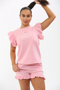 Frill Peplum Sleeve Top & Short 2 Piece Tracksuit Set
