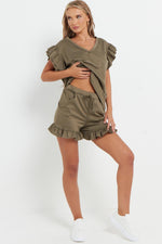 Load image into Gallery viewer, V-Neck Frill Peplum Sleeve Top &amp; Short 2 Piece Set
