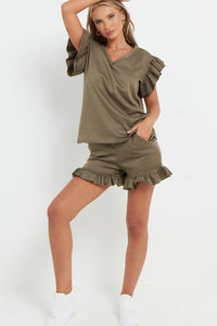 V-Neck Frill Peplum Sleeve Top & Short 2 Piece Set