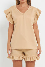 Load image into Gallery viewer, V-Neck Frill Peplum Sleeve Top &amp; Short 2 Piece Set
