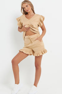 V-Neck Frill Peplum Sleeve Top & Short 2 Piece Set