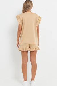 V-Neck Frill Peplum Sleeve Top & Short 2 Piece Set