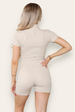 Load image into Gallery viewer, Zip Front Cap Sleeves Ribbed Unitard Shorts Set
