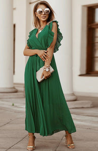 Green Curve Lotus Leaf Sleeve Dress