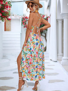 Floral Backless Slit Dress