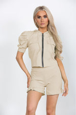 Load image into Gallery viewer, Front Pocket Zip Up Set Ribbed Hooded Lounge Wear Short Set
