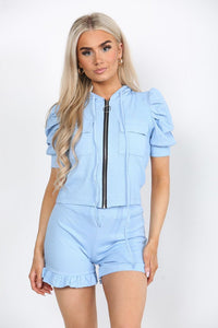 Front Pocket Zip Up Set Ribbed Hooded Lounge Wear Short Set