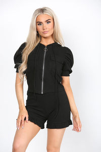 Front Pocket Zip Up Set Ribbed Hooded Lounge Wear Short Set