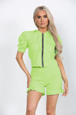 Load image into Gallery viewer, Front Pocket Zip Up Set Ribbed Hooded Lounge Wear Short Set
