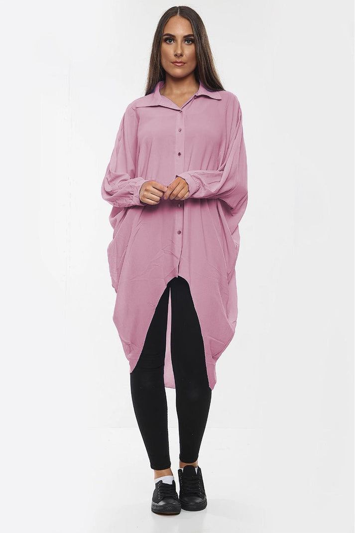 High-Low Oversized Button Long Shirt Dress with Hem & Long Sleeves