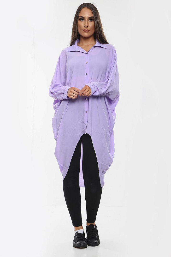 High-Low Oversized Button Long Shirt Dress with Hem & Long Sleeves
