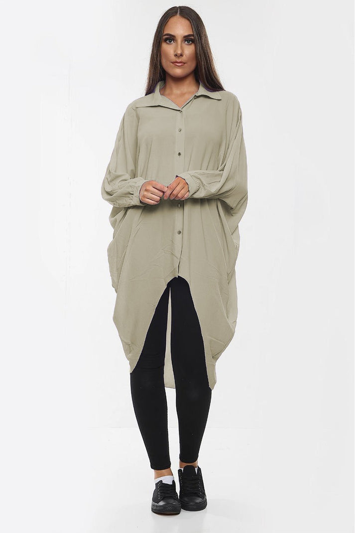 High-Low Oversized Button Long Shirt Dress with Hem & Long Sleeves