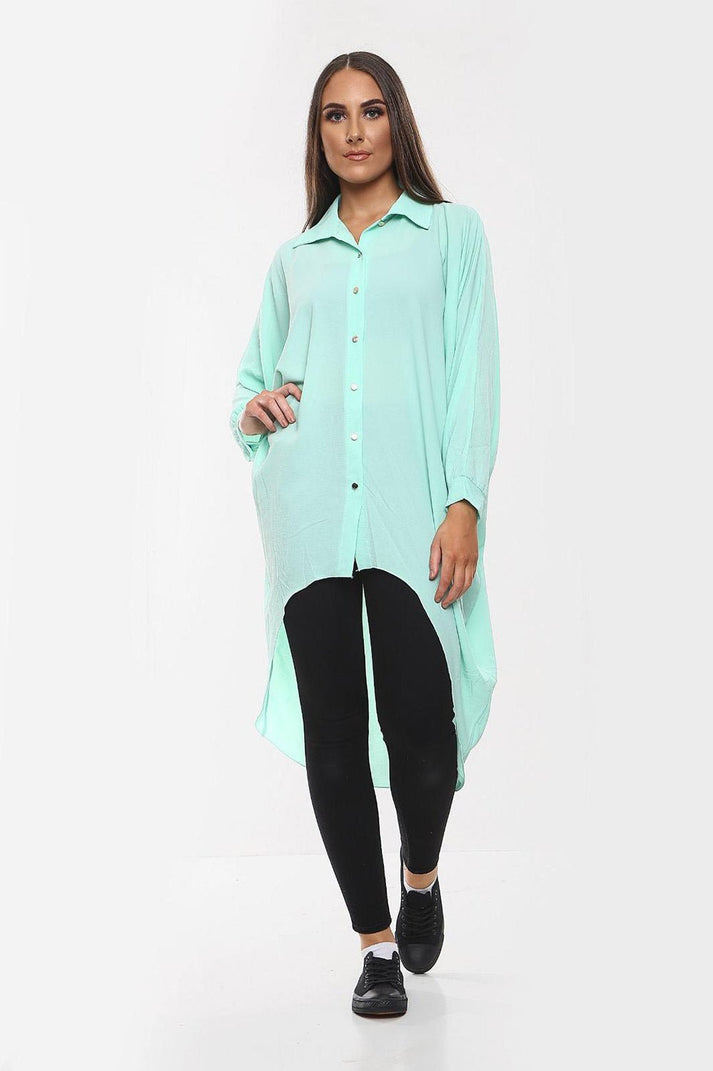 High-Low Oversized Button Long Shirt Dress with Hem & Long Sleeves