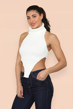 Load image into Gallery viewer, High Neck Roll Knitted Backless Front Cropped Top
