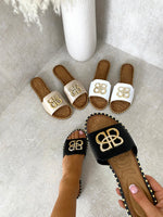 Load image into Gallery viewer, Sparkle Buckle Gold Studded Flat Sandals
