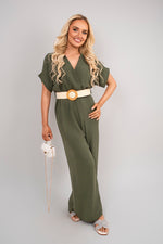 Load image into Gallery viewer, V Neck Short Sleeve Wide Leg Jumpsuit with Woven Belt
