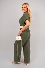 Load image into Gallery viewer, V Neck Short Sleeve Wide Leg Jumpsuit with Woven Belt
